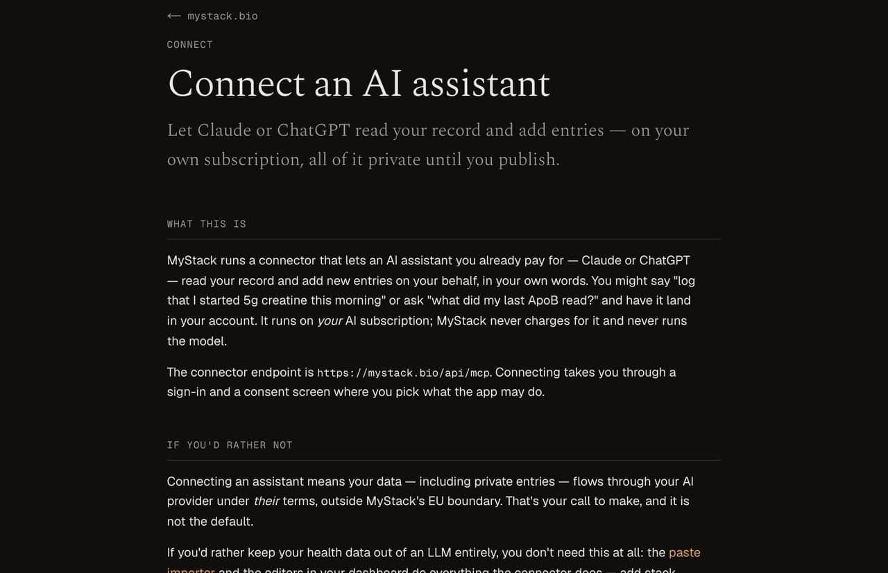 MyStack’s Connect screen — “Connect an AI assistant: let Claude or ChatGPT read your record and add entries, on your own subscription, all of it private until you publish”