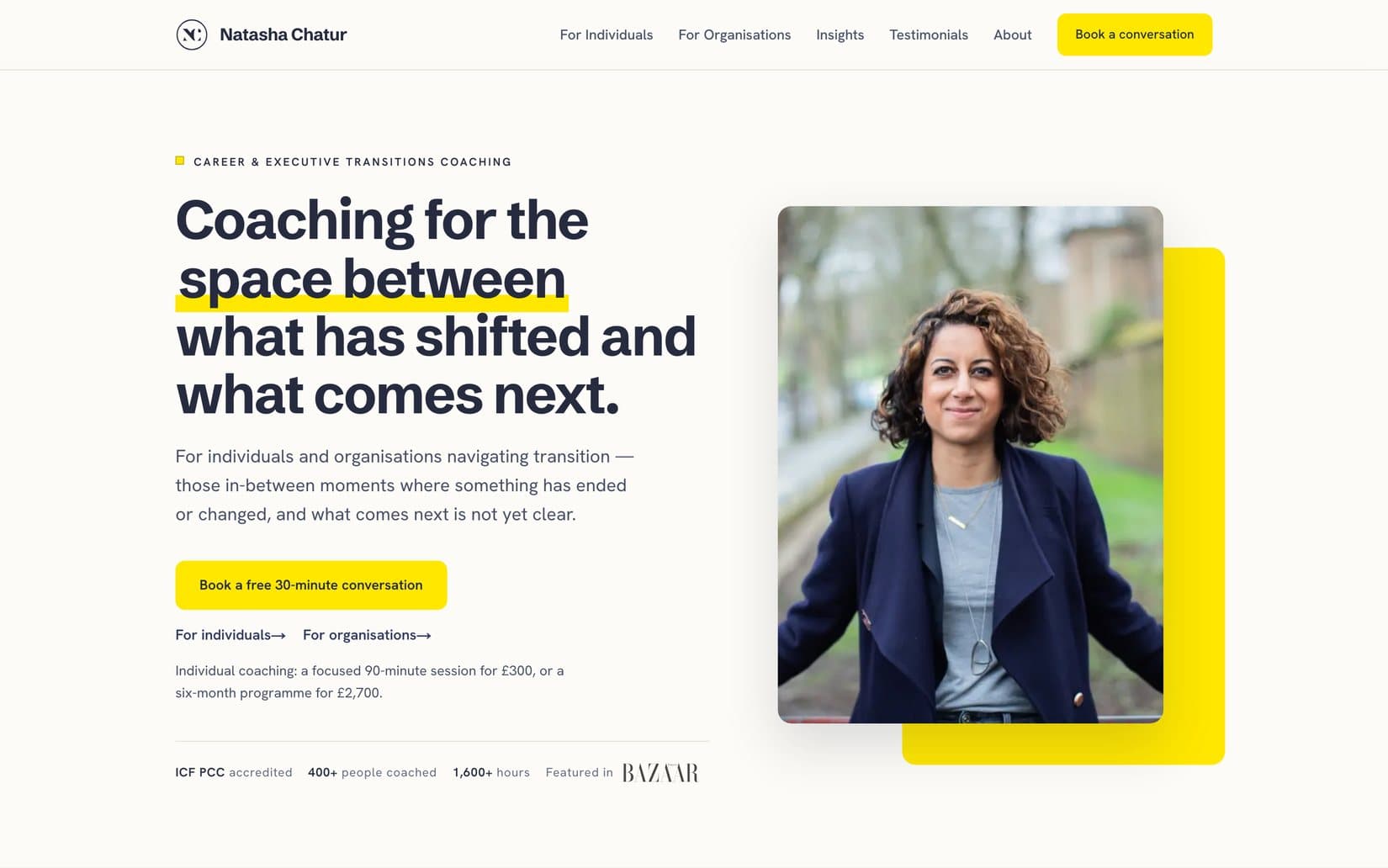 The rebuilt Next.js homepage — a navy headline, “the space between” swept in yellow marker, beside her portrait on a yellow colour-block panel