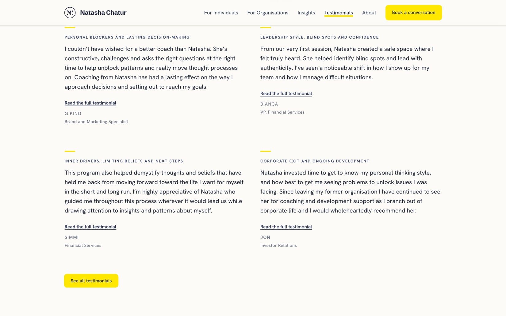 The testimonial archive on natashachatur.com — client quotes, each headed by the theme of the work it came out of, with the role and sector beneath