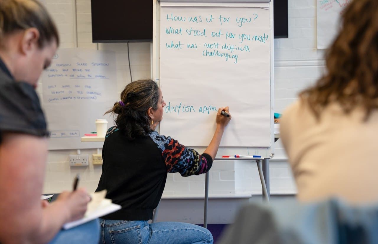 Natasha Chatur mid-workshop, writing on a flip chart in front of a small group — the sheet reads “How was it for you? What stood out for you most?”